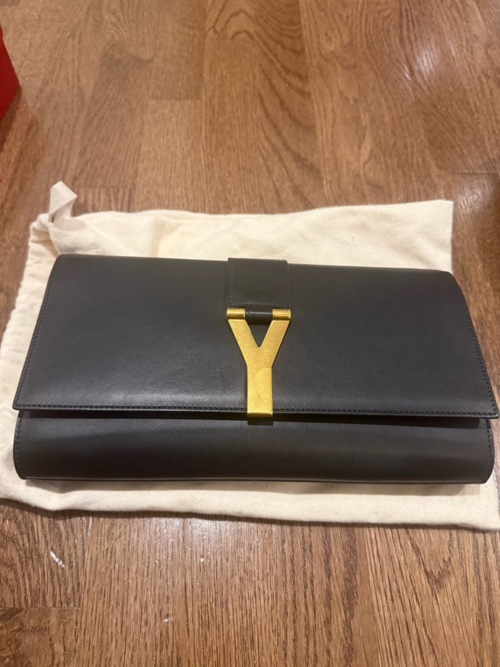 Black YSL Leather Clutch with Gold 'Y' Accent